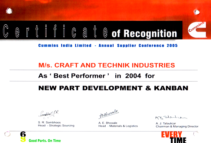 CATI's Achievements - best performer for new part development and kanban by cummins india