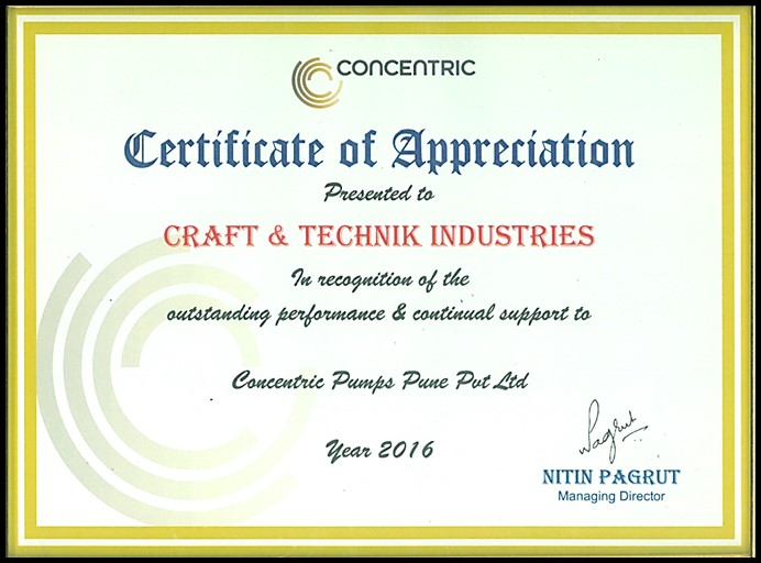 CATI's Achievements - Recognition for outstanding performance and continual support by Concentric pumps